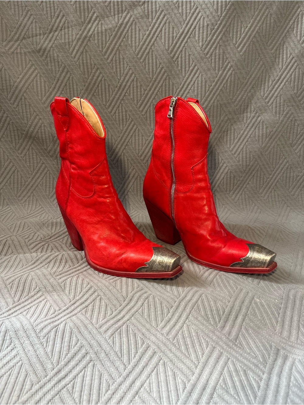 Free People Red Leather Western Ankle Boots with Metallic Silver Toe